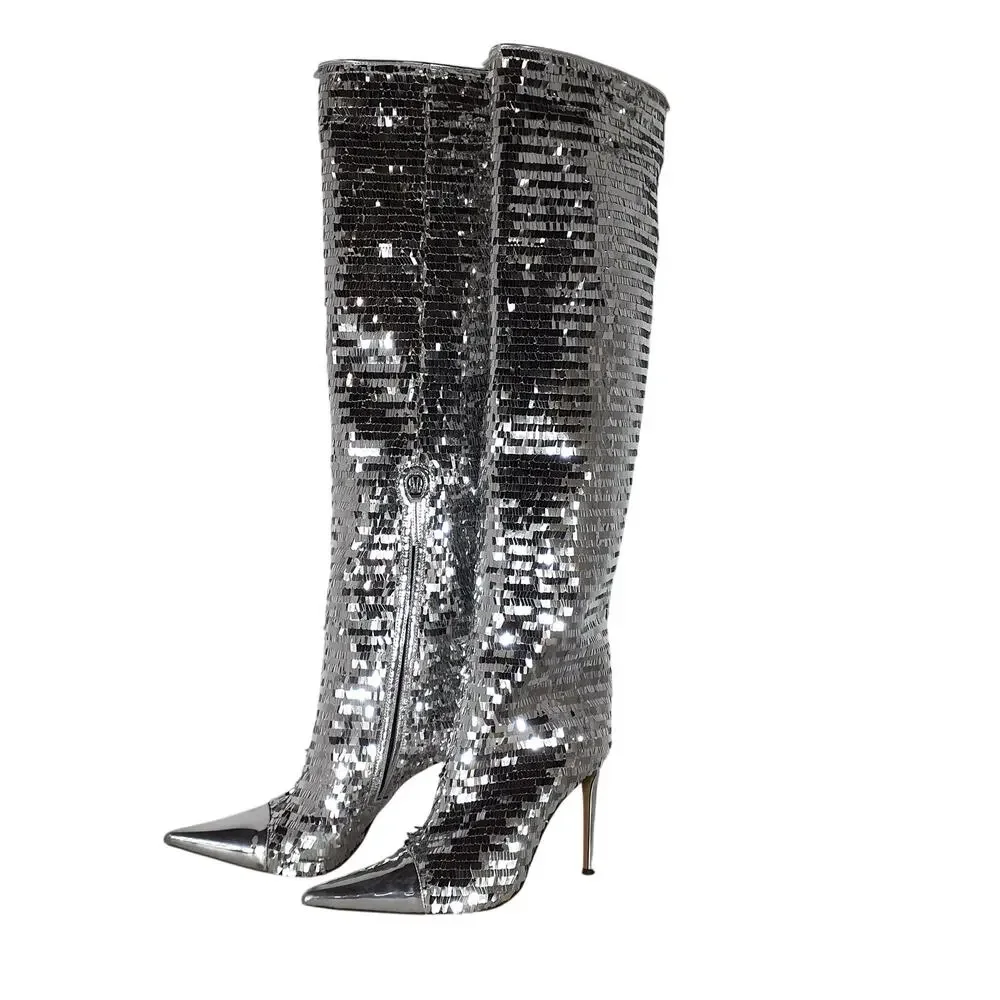 Alexandre Vauthier Sequined Silver 105 Knee High Boots Size 38.5 EU / 8.5 US - Picture 3 of 6